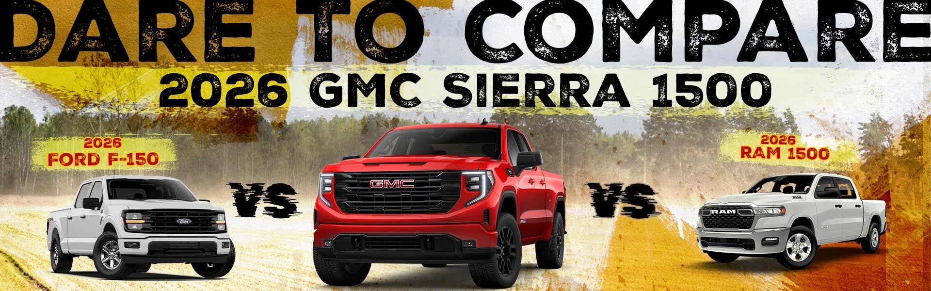 Side-by-side comparison of the 2026 GMC Sierra 1500, 2026 Ford F-150, and 2026 RAM 1500 driving on a highway.